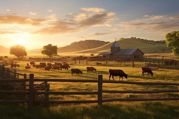 Vacas em um campo com uma cerca e um celeiro ao fundo.