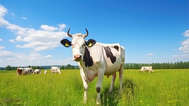 Vacas en el fondo del cielo y la hierba verde