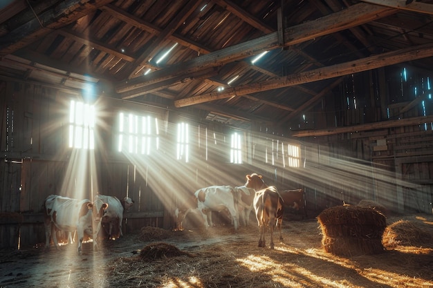 vacas en el granero rayos de luz solar