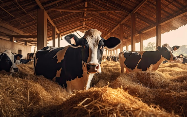 Foto vacas en la granja de producción de leche de establo