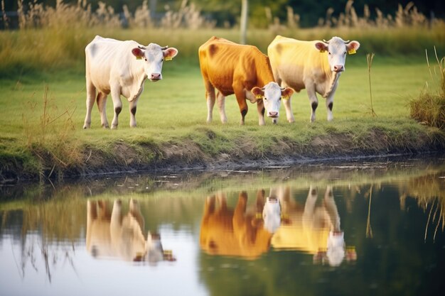 Foto vacas junto a uma lagoa em um prado com reflexos