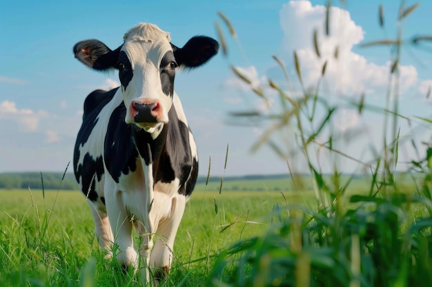 Vacas lecheras de aspecto saludable de pie en la parte superior de un campo verde en verano