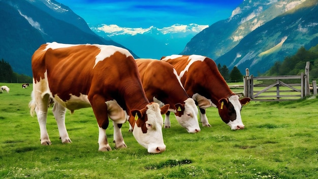 Vacas marrones y blancas en un hermoso prado alpino verde en las montañas austriacas en el fondo