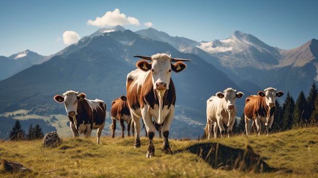 Vacas de montaña pastando en un pasto abierto con un paisaje impresionante en el fondo