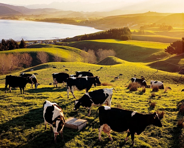 Vacas na fazenda contra o céu
