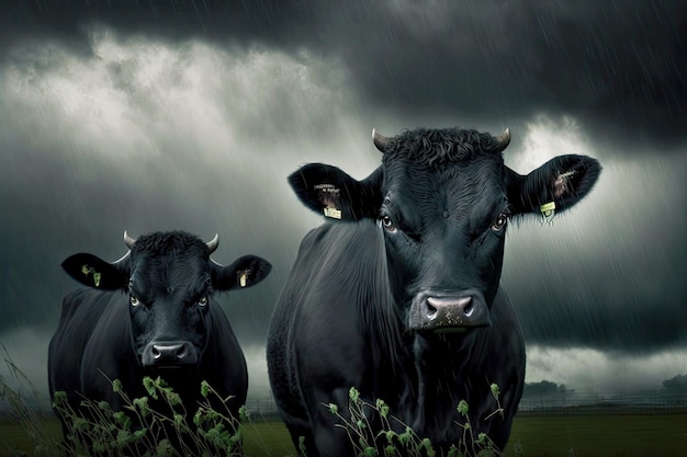 Vacas negras ameaçadoras no verão estão no campo em dia sombrio