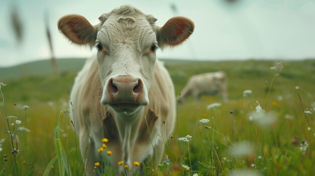 Las vacas pastan en un prado verde alpino