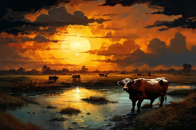 Vacas pastando ao pôr do sol Generative Ai
