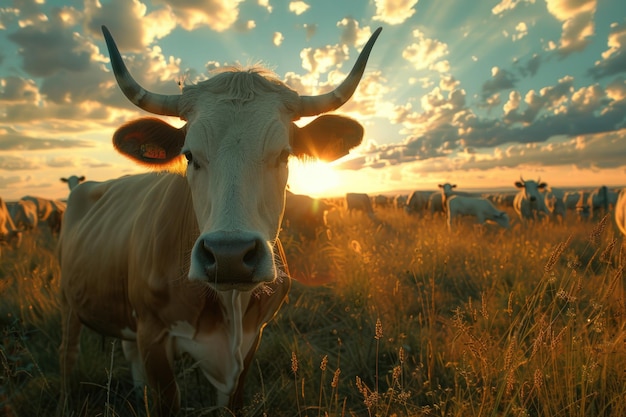 Las vacas pastando en el campo al atardecer uno mira a la cámara