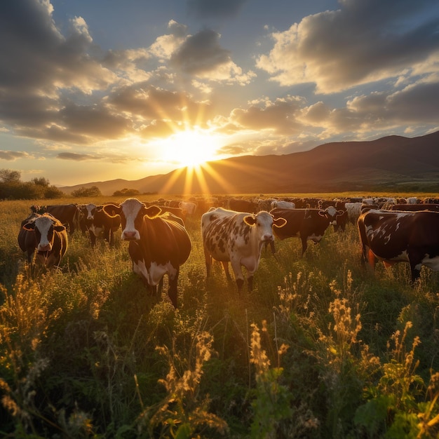 Vacas pastando en un campo verde al atardecer