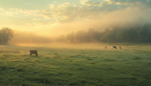Vacas pastando em um campo nebuloso ao nascer do sol Fotografia rústica e agrícola Vida agrícola e rural