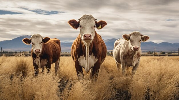 Foto vacas pastando em um campo no país em um dia de tempestade ai generative