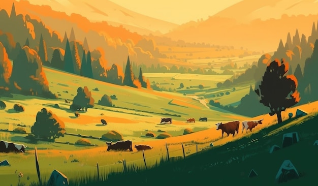 Vacas pastando em uma fazenda com ilustração de paisagem de fazenda de luz solar com ai generativa