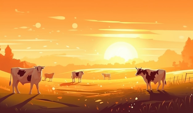 Vacas pastando em uma fazenda com ilustração de paisagem de fazenda de luz solar com ai generativa