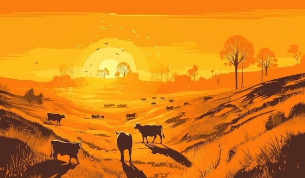 Vacas pastando em uma fazenda com ilustração de paisagem de fazenda de luz solar com ai generativa