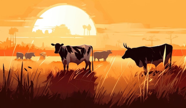 Vacas pastando em uma fazenda com ilustração de paisagem de fazenda de luz solar com ai generativa