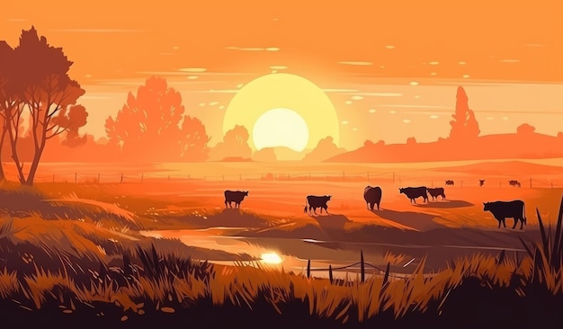 Vacas pastando em uma fazenda com ilustração de paisagem de fazenda de luz solar com ai generativa