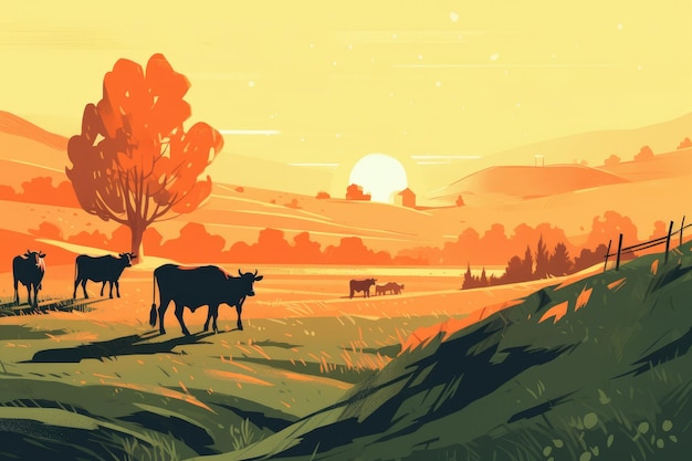 Vacas pastando em uma fazenda com ilustração de paisagem de fazenda de luz solar com ai generativa