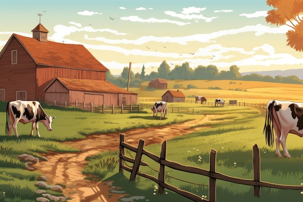 Vacas pastando em uma fazenda com ilustração de paisagem de fazenda de luz solar com ai generativa