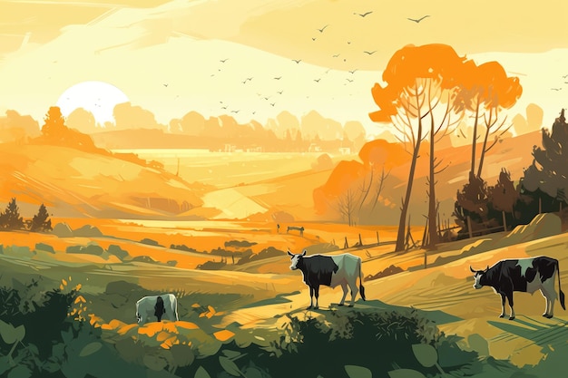 Vacas pastando em uma fazenda com ilustração de paisagem de fazenda de luz solar com ai generativa