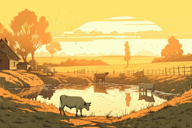 Vacas pastando em uma fazenda com ilustração de paisagem de fazenda de luz solar com ai generativa