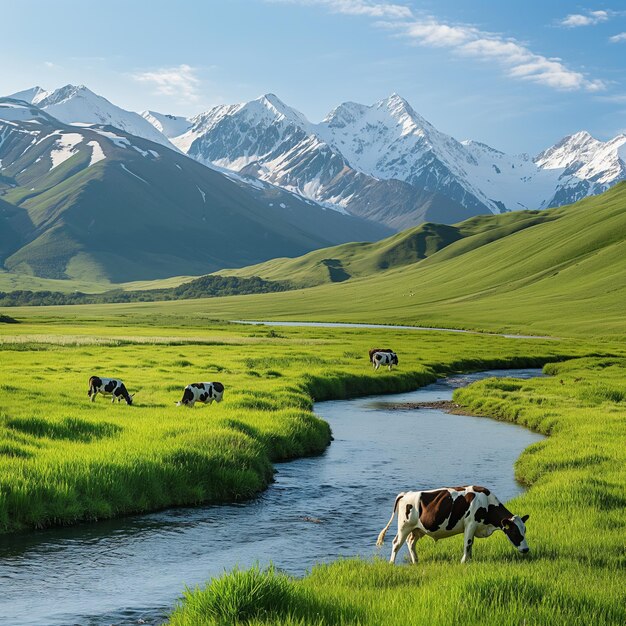 Vacas pastando grama verde sob um céu azul com montanhas nevadas à distância