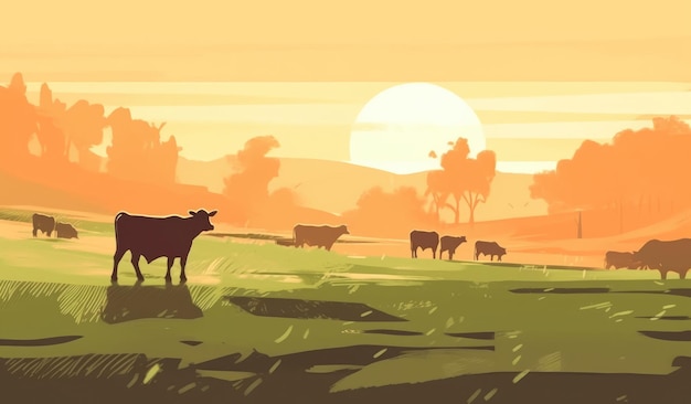 Vacas pastando en una granja con ilustración de paisaje de granja de luz solar con ai generativo