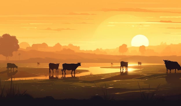 Vacas pastando en una granja con ilustración de paisaje de granja de luz solar con ai generativo