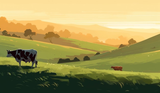 Vacas pastando en una granja con ilustración de paisaje de granja de luz solar con ai generativo