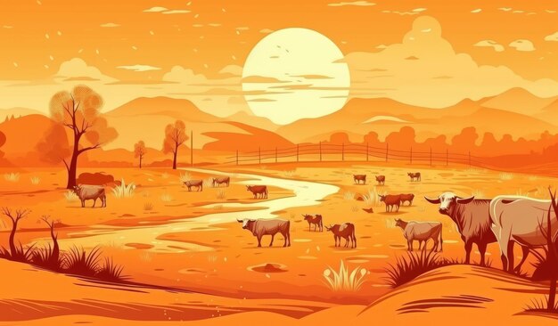 Vacas pastando en una granja con ilustración de paisaje de granja de luz solar con ai generativo