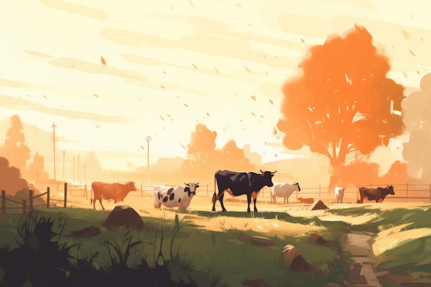 Vacas pastando en una granja con ilustración de paisaje de granja de luz solar con ai generativo