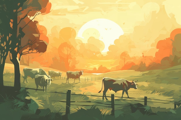 Vacas pastando en una granja con ilustración de paisaje de granja de luz solar con ai generativo