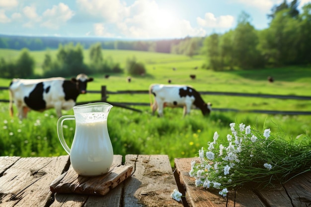 Vacas pastando en el prado con leche y heno