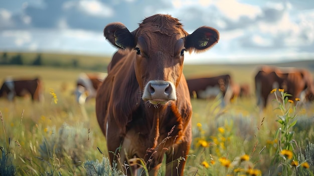 Vacas pastando en un prado soleado en un rancho de ganado de carne Concepto de ganadería de ganado Pastoreo de vacas en prados soleados Vida en la granja Producción de carne de res