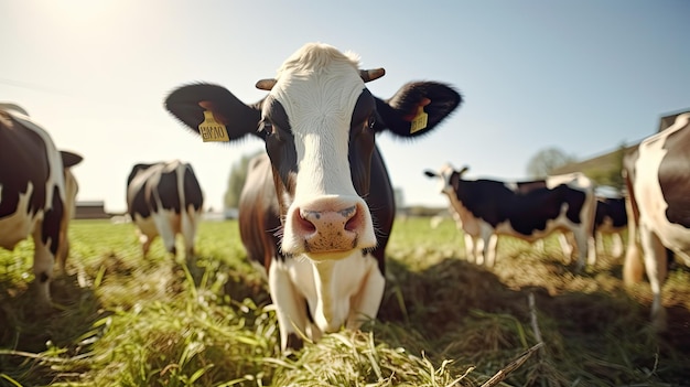 Vacas pecuárias modernas com coleira inteligente aproveitando a luz solar em campos forrageiros IA generativa