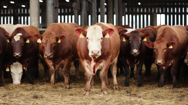 Foto las vacas de pie en rebaño en el granero están comiendo y mirando a la cámara