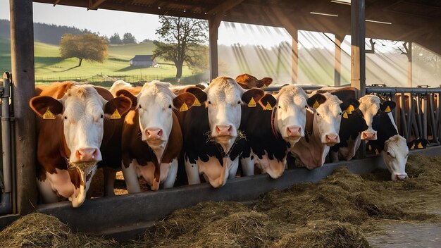 Las vacas de pie en rebaño en el granero están comiendo y mirando a la cámara