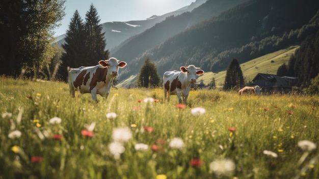 Vacas en prado soleado Ilustración AI GenerativexA