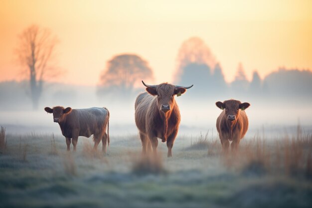 Las vacas de las tierras altas la niebla del crepúsculo calma