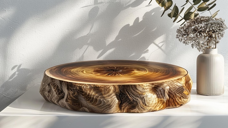 Vacía mínima mesa de madera natural contra podio hermoso grano de madera en la luz del sol