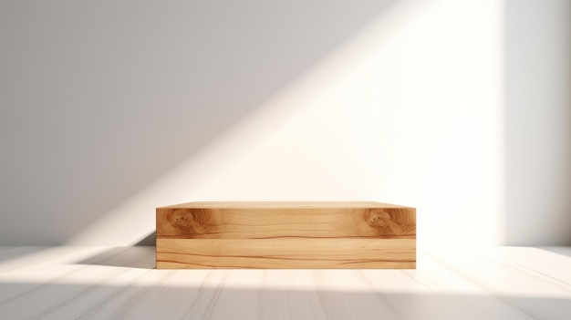 Vacía mínima mesa de madera natural contra podio hermoso grano de madera en la luz del sol