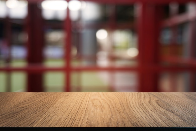 Vaciar la mesa de madera oscura delante de fondo abstracto borrosa de café y cafetería interior. puede ser utilizado para la exhibición o el montaje de sus productos.