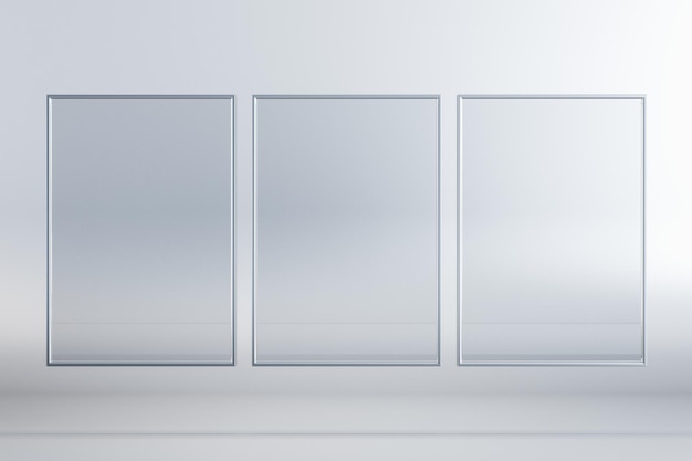 Vaciar tres carteles de marco de vidrio rectangular sobre fondo blanco Mock up 3D Rendering