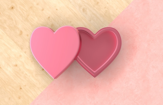 Vacie la caja de regalo roja del corazón en el fondo de Duotone con textura de madera para la exhibición del producto. Concepto de amor mínimo. Endecha plana. Vista superior.