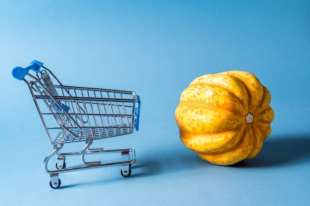 Vacie el carro de compras y una calabaza en fondo azul.