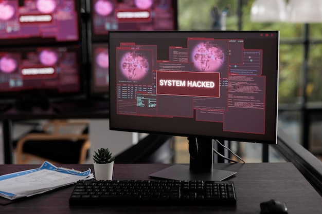 Vacíe la oficina con múltiples computadoras parpadeando alerta de piratería y violación de seguridad, el sistema del servidor está siendo pirateado. Pantallas de PC que muestran un mensaje de error crítico y una advertencia de amenaza de malware.