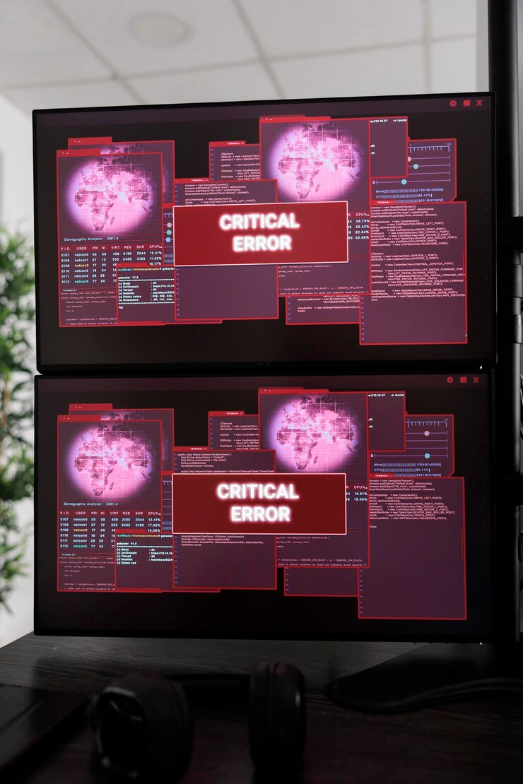 Foto vacíe su oficina con múltiples monitores que tengan alerta de ataque de piratería, agencia de software que se ocupe de la advertencia de violación de seguridad. mensaje de error crítico parpadeando en la pantalla de la pc y mal funcionamiento de la computadora.
