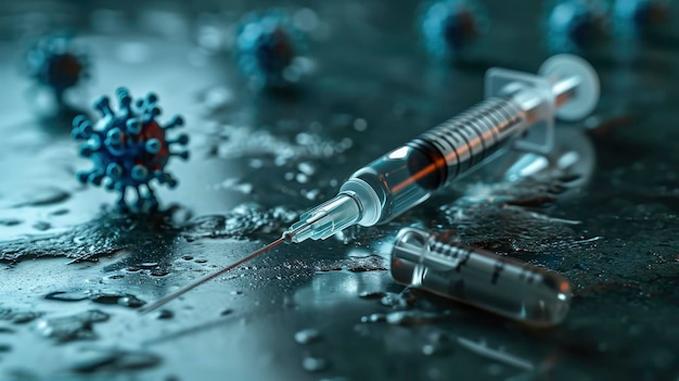 Vacina de ponta combatendo vírus pandêmicos globais em uma ilustração de close-up