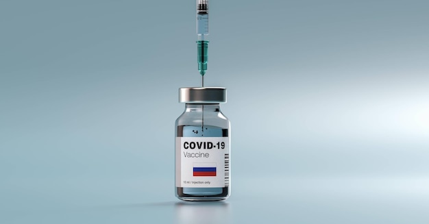 Vacina e seringa de mRNA de coronavírus COVID-19 com bandeira da Rússia no rótulo. Imagem conceitual para a pandemia de infecção por SARS cov 2