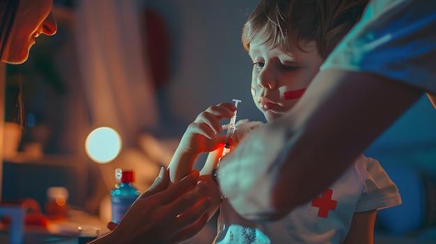Foto vacinação de criança pequena em casa mão de criança com gesso adesivo engraçado vacci generative ai